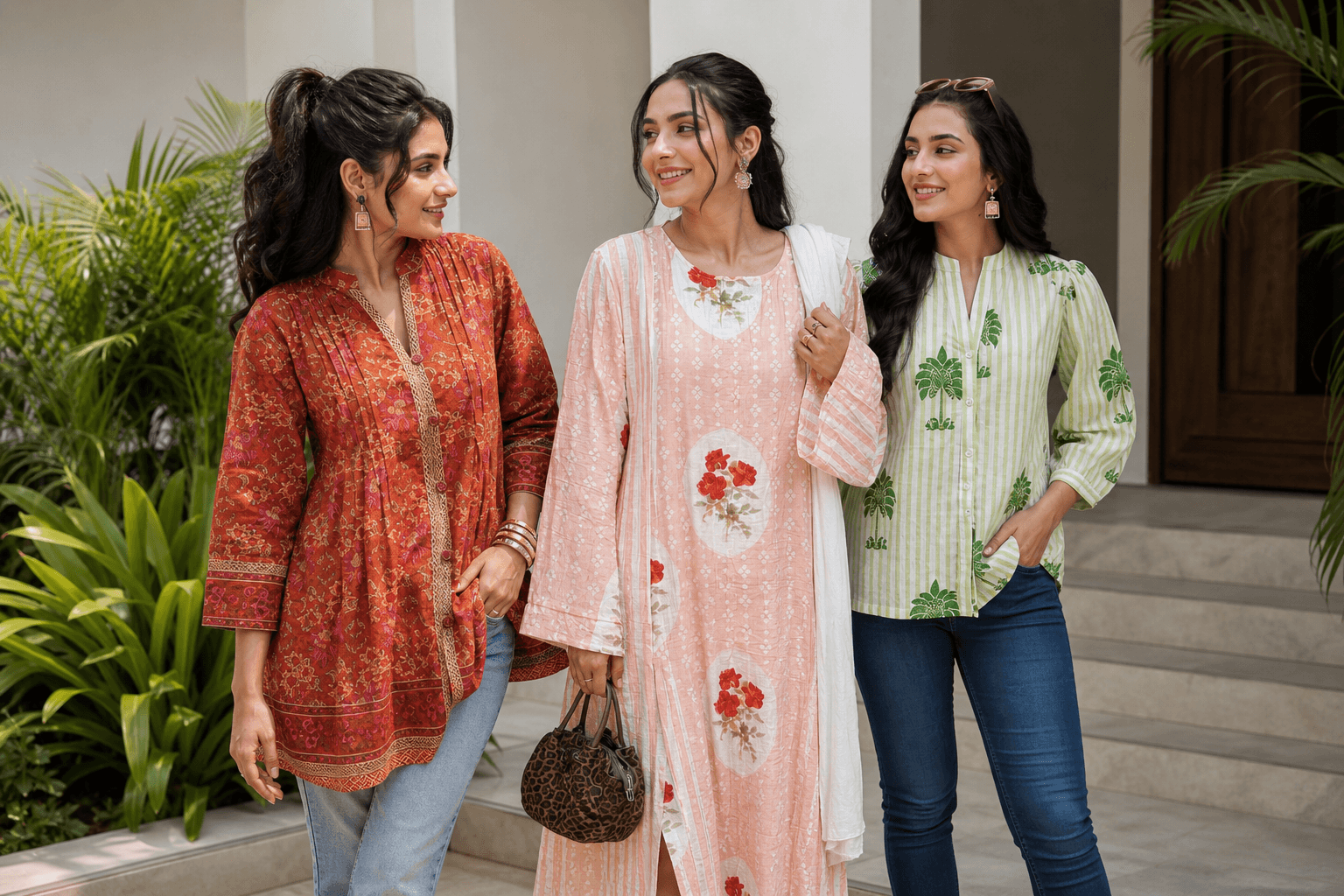 Three young Indian women in printed cotton maxi, pintucks tunic, and palm-print shirt