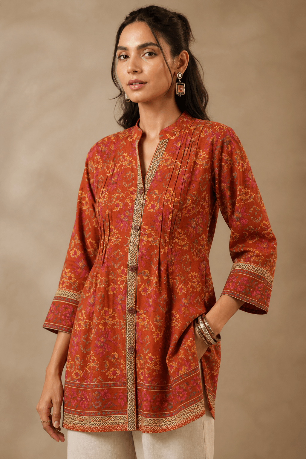 Rust Floral Pintucks Tunic