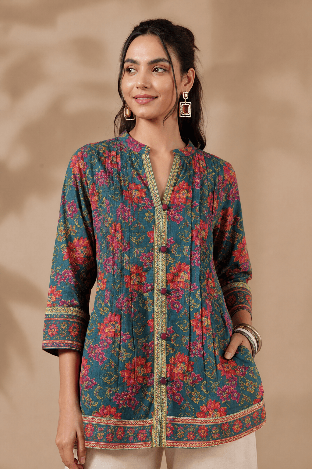 Teal Floral Pintucks Tunic — view 1